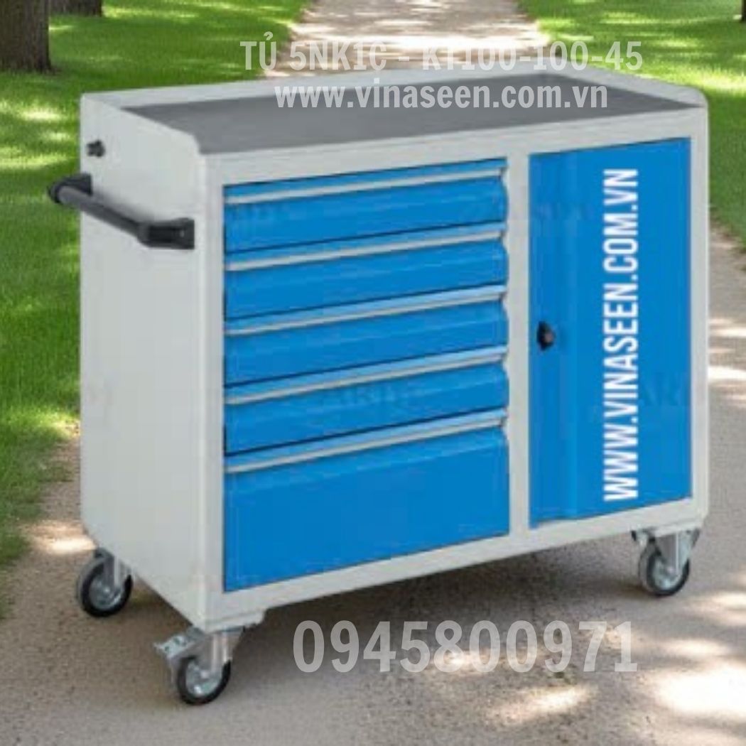 Tủ đựng dụng cụ đồ nghề 5 ngăn kéo 1 cánh, màu xanh - xám, có bánh xe di chuyển.