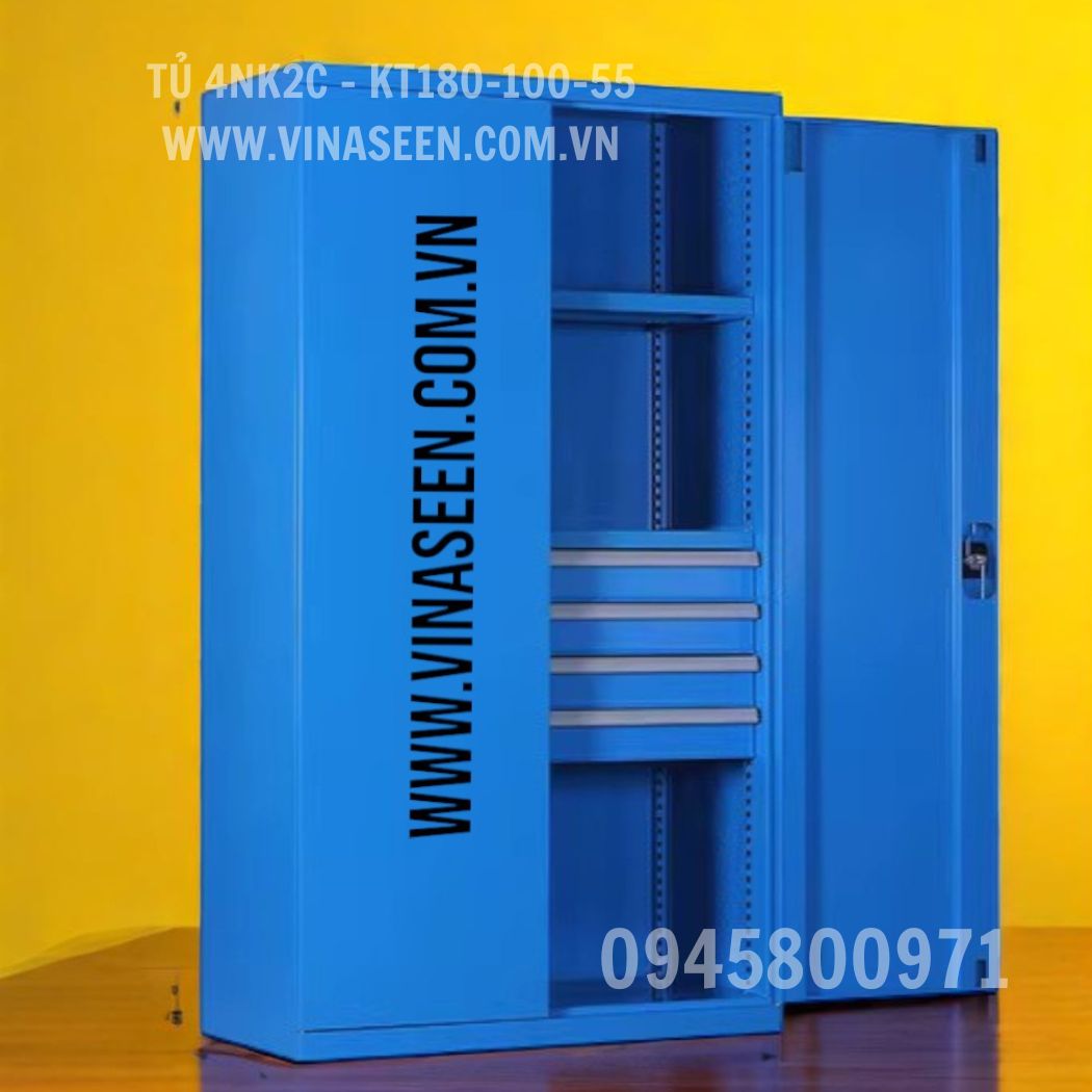 Tủ đựng dụng cụ đồ nghề 4 ngăn kéo 2 cánh, màu xám - xanh, đặt cố định.