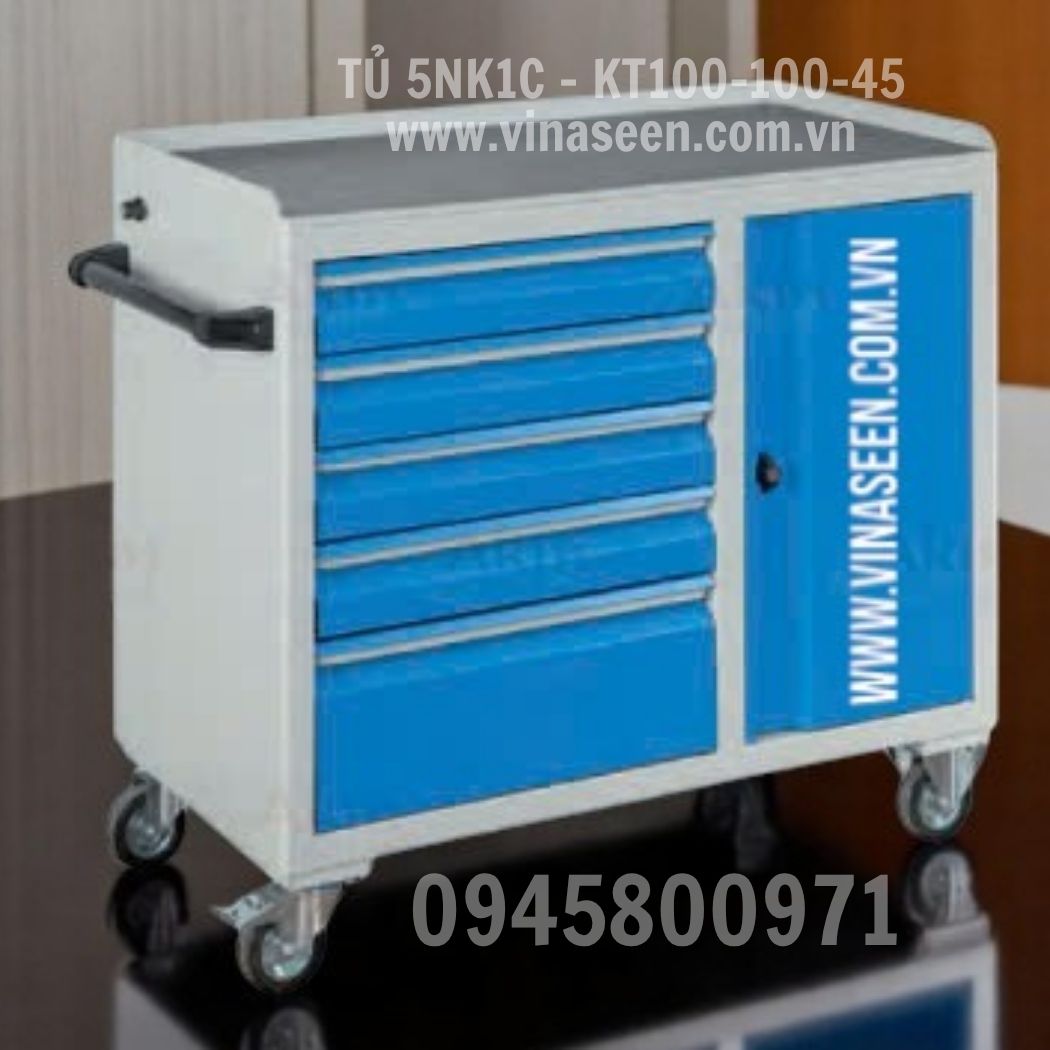 Tủ đựng dụng cụ đồ nghề 5 ngăn kéo 1 cánh, màu xanh - xám, có bánh xe di chuyển.