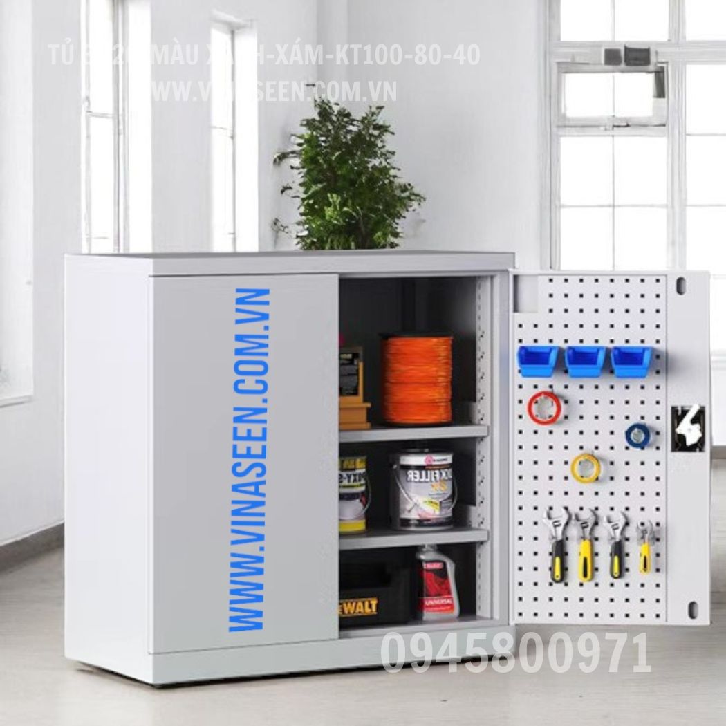 Tủ đựng dụng cụ đồ nghề 3 ngăn 2 cánh, màu xám - xanh, có vách treo dụng cụ, đặt cố định.