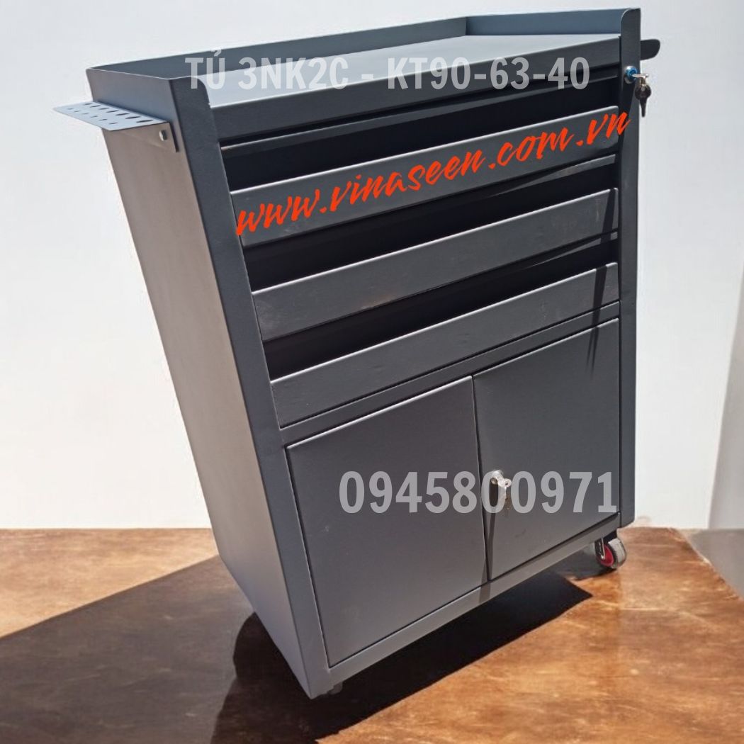 Tủ đựng dụng cụ đồ nghề 3 ngăn kéo 2 cánh, có bánh xe di chuyển.