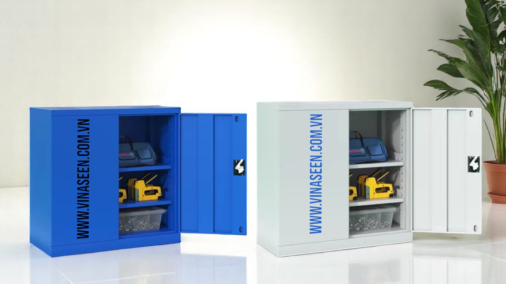 Tủ đựng dụng cụ đồ nghề 3 ngăn kéo 2 cánh, màu xanh - xám, đặt cố định.