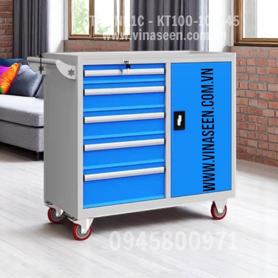 Tủ đựng dụng cụ đồ nghề 5 ngăn kéo 1 cánh, màu xanh - xám, có bánh xe di chuyển.