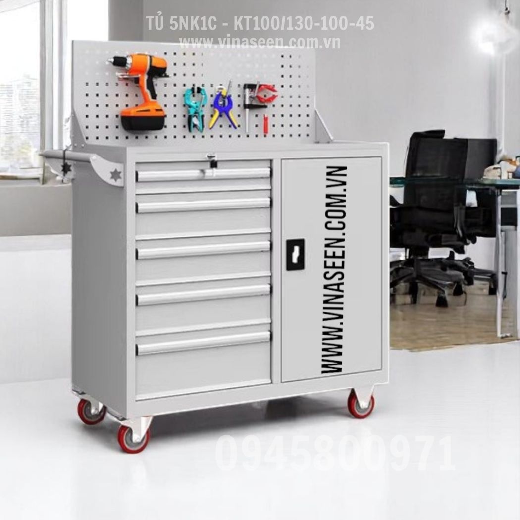 Tủ đựng dụng cụ đồ nghề 5 ngăn kéo 1 cánh, màu xanh - xám, Có vách treo dụng cụ và có bánh xe di chuyển.