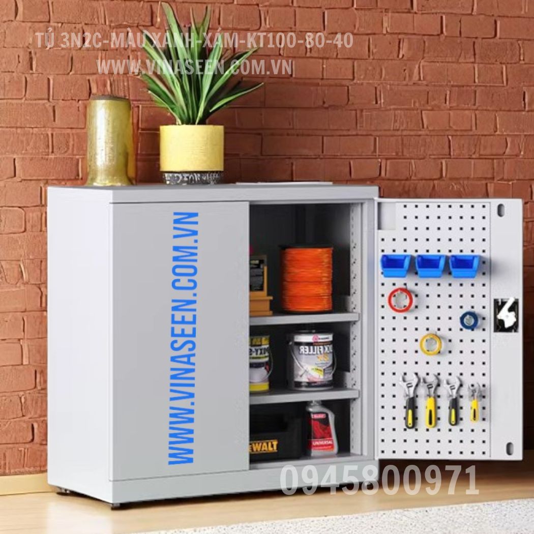 Tủ đựng dụng cụ đồ nghề 3 ngăn 2 cánh, màu xám - xanh, có vách treo dụng cụ, đặt cố định.