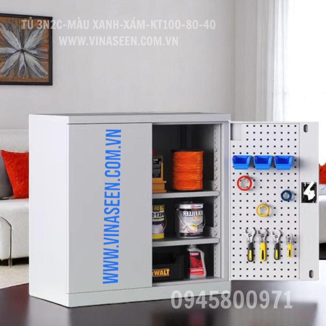 Tủ đựng dụng cụ đồ nghề 3 ngăn 2 cánh, màu xám - xanh, có vách treo dụng cụ, đặt cố định.