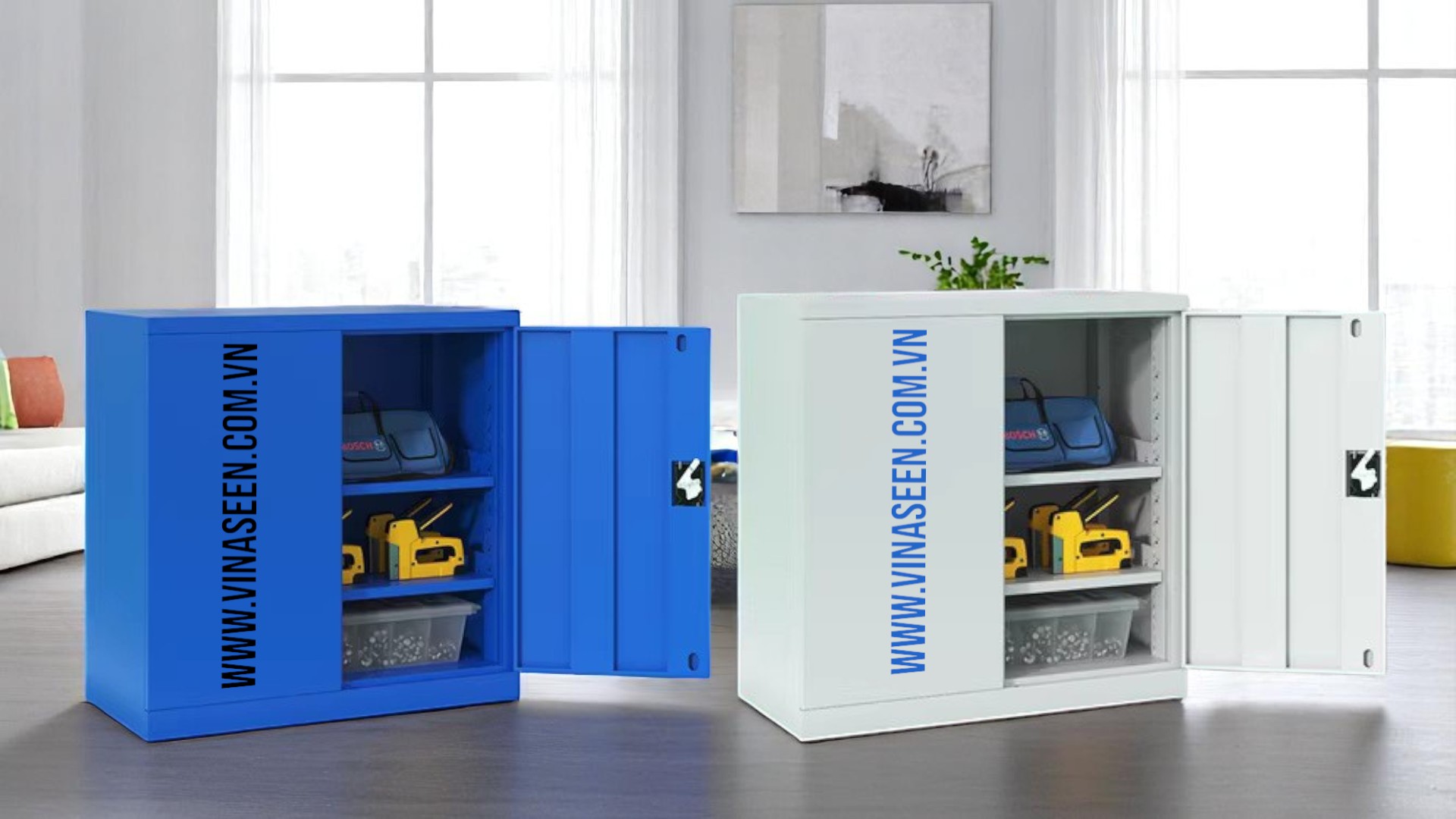 Tủ đựng dụng cụ đồ nghề 3 ngăn kéo 2 cánh, màu xanh - xám, đặt cố định.