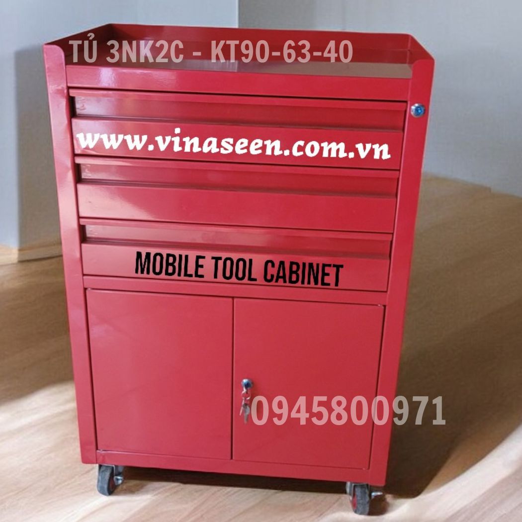 Tủ đựng dụng cụ đồ nghề 3 ngăn kéo 2 cánh, có bánh xe di chuyển.