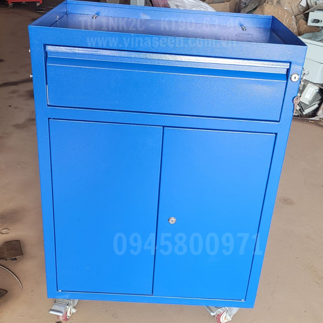 Tủ đựng dụng cụ đồ nghề 1 ngăn kéo 2 cánh, màu xanh, có vách treo dụng cụ.