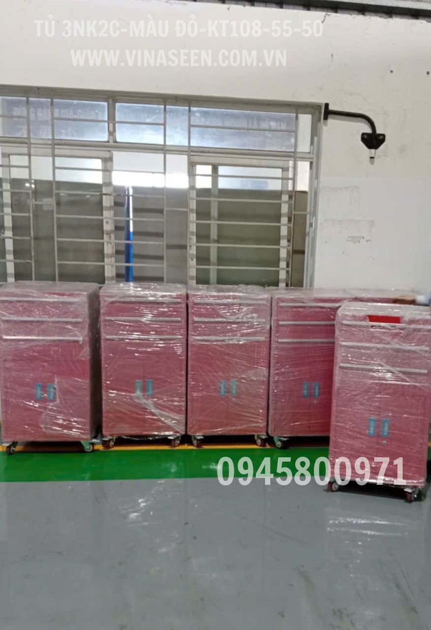 Tủ đựng dụng cụ đồ nghề 3 ngăn kéo 2 cánh, có bánh xe di chuyển, màu đỏ