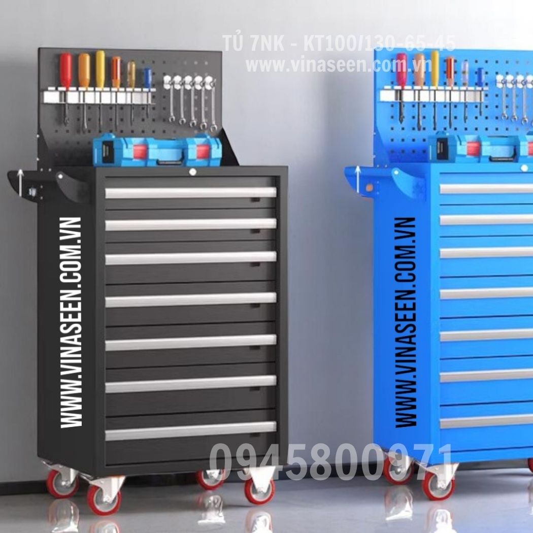 Tủ đựng dụng cụ đồ nghề 7 ngăn kéo, có vách treo dụng cụ và bánh xe di chuyển.