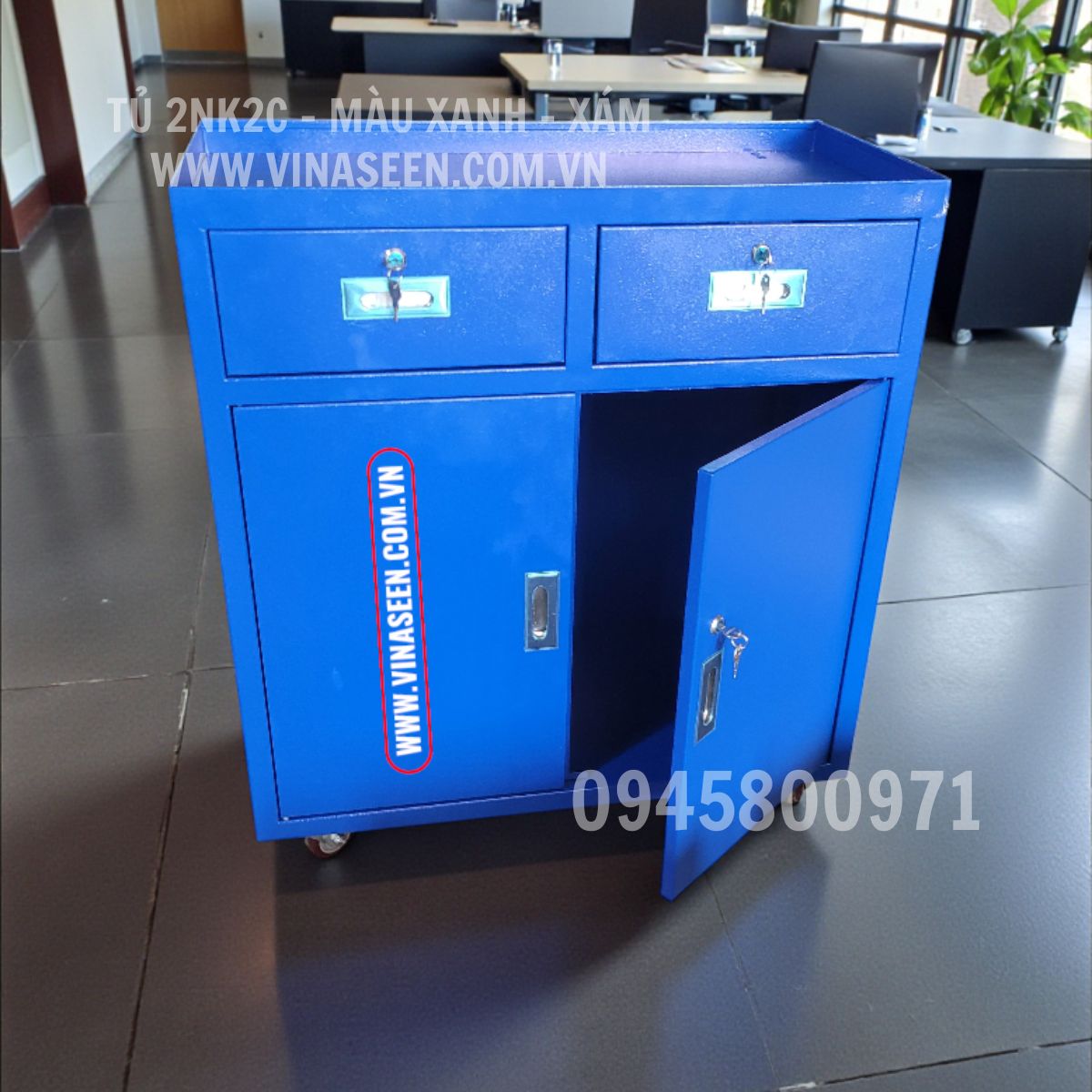 Tủ đựng dụng cụ đồ nghề 2 ngăn kéo 2 cánh, có bánh xe di chuyển, màu xanh - ghi xám