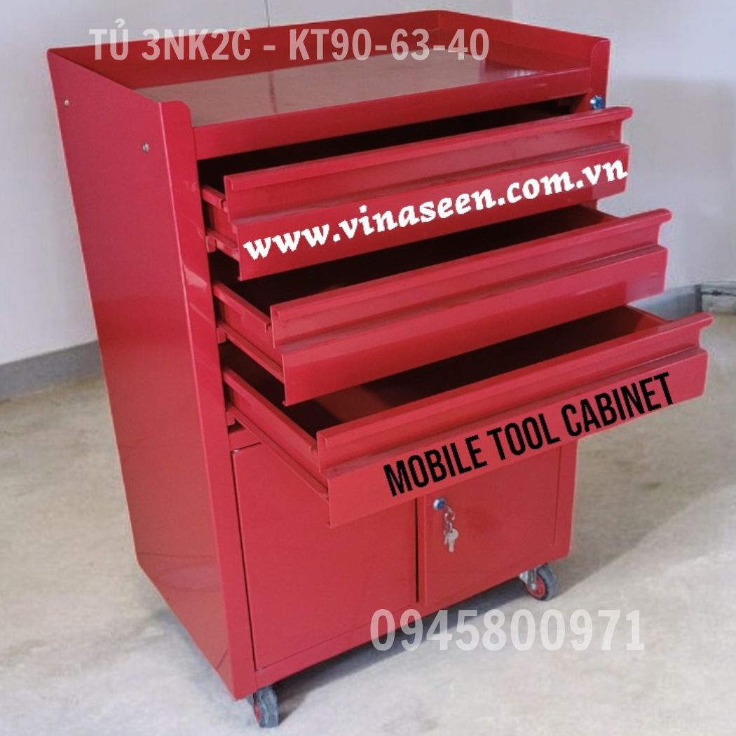 Tủ đựng dụng cụ đồ nghề 3 ngăn kéo 2 cánh, có bánh xe di chuyển.
