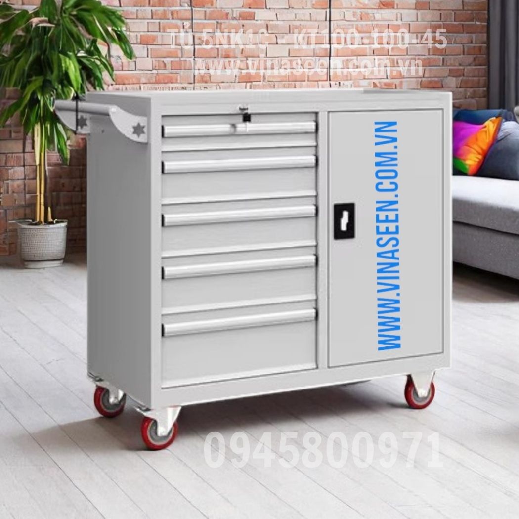 Tủ đựng dụng cụ đồ nghề 5 ngăn kéo 1 cánh, màu xanh - xám, có bánh xe di chuyển.