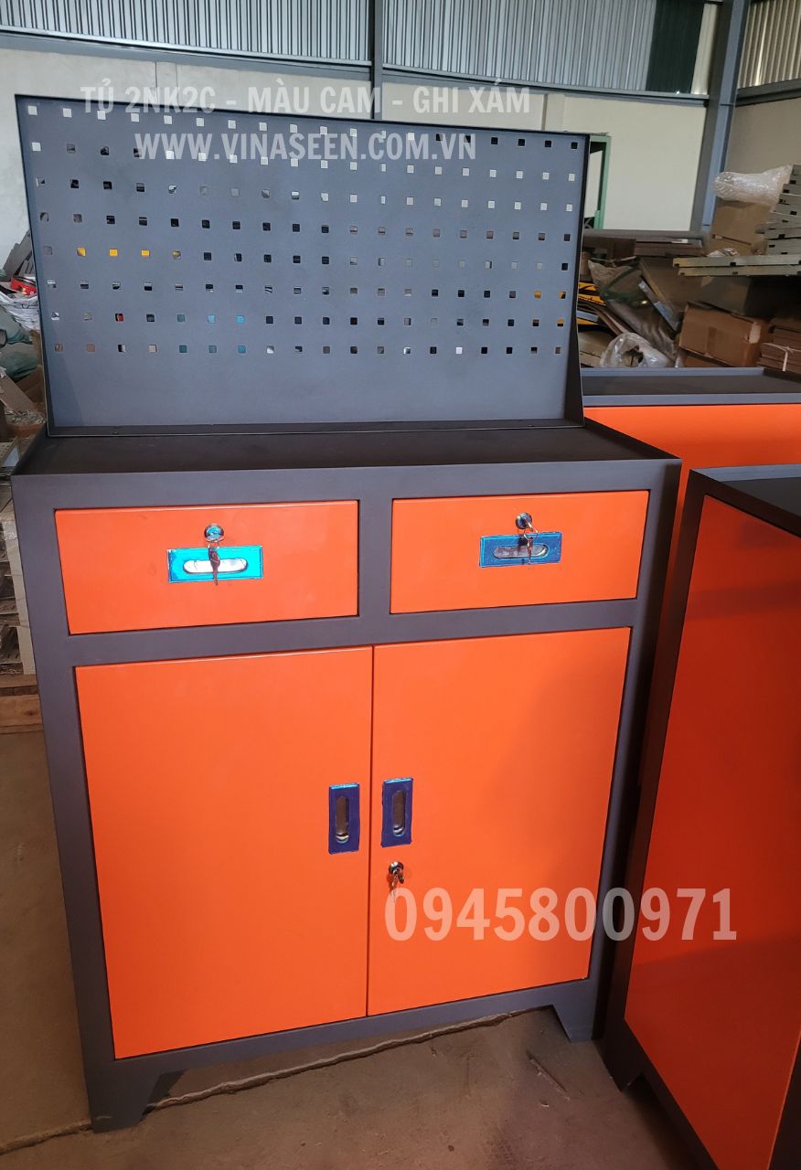 Tủ đựng dụng cụ đồ nghề 2 ngăn kéo 2 cánh, có vách treo dụng cụ, đặt cố định