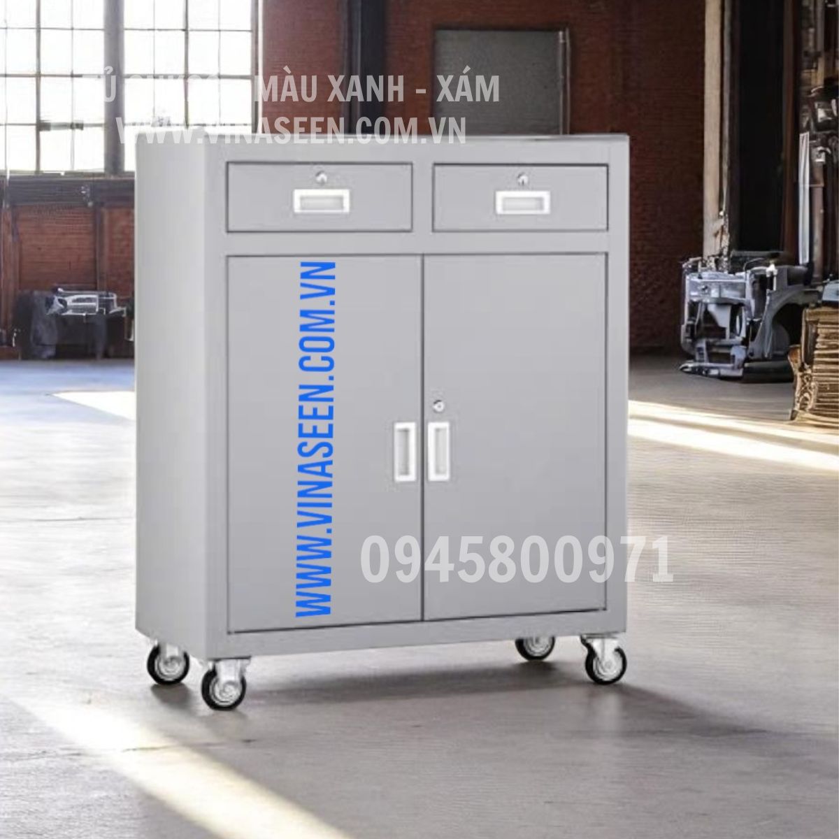 Tủ đựng dụng cụ đồ nghề 2 ngăn kéo 2 cánh, có bánh xe di chuyển, màu xanh - ghi xám