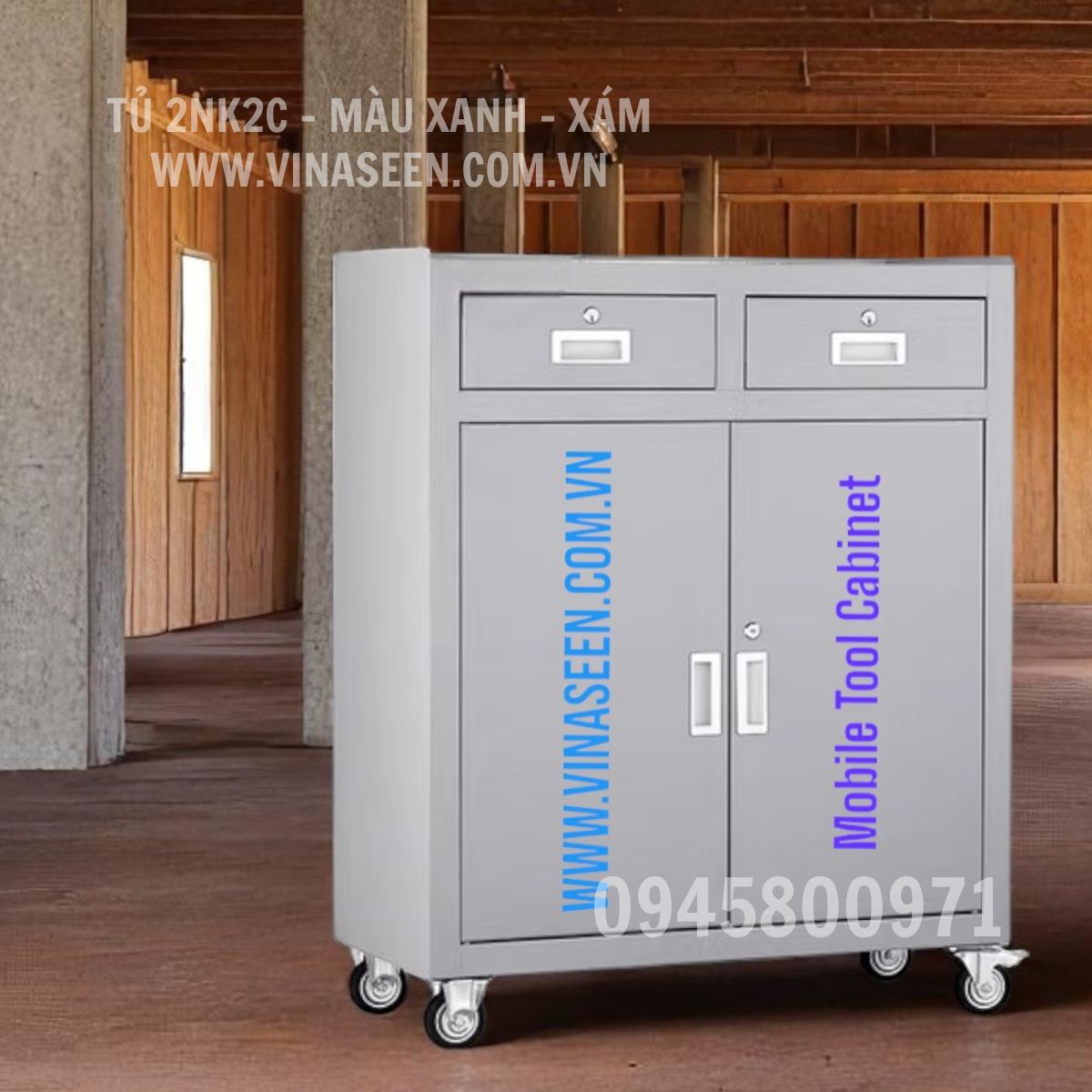 Tủ đựng dụng cụ đồ nghề 2 ngăn kéo 2 cánh, có bánh xe di chuyển, màu xanh - ghi xám