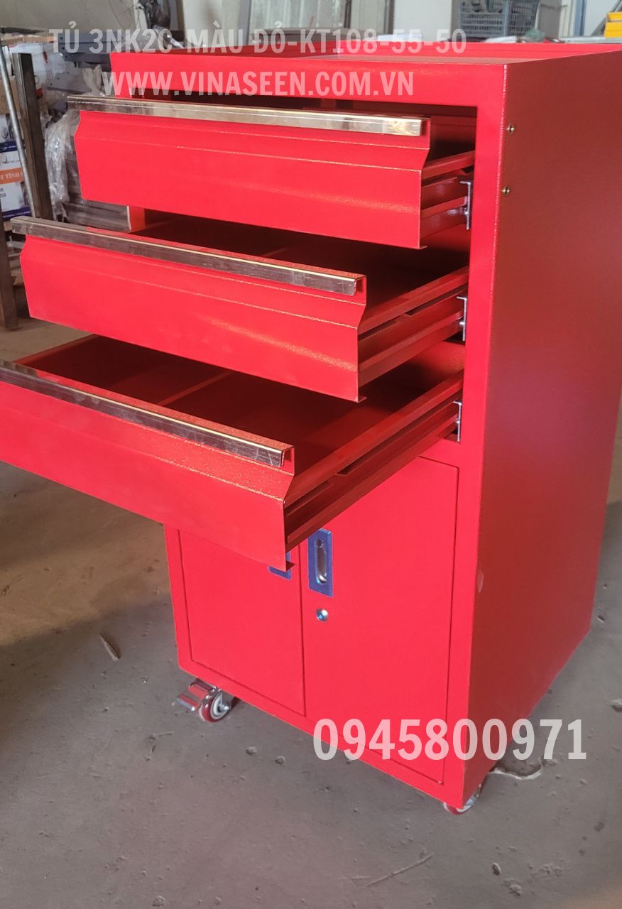 Tủ đựng dụng cụ đồ nghề 3 ngăn kéo 2 cánh, có bánh xe di chuyển, màu đỏ