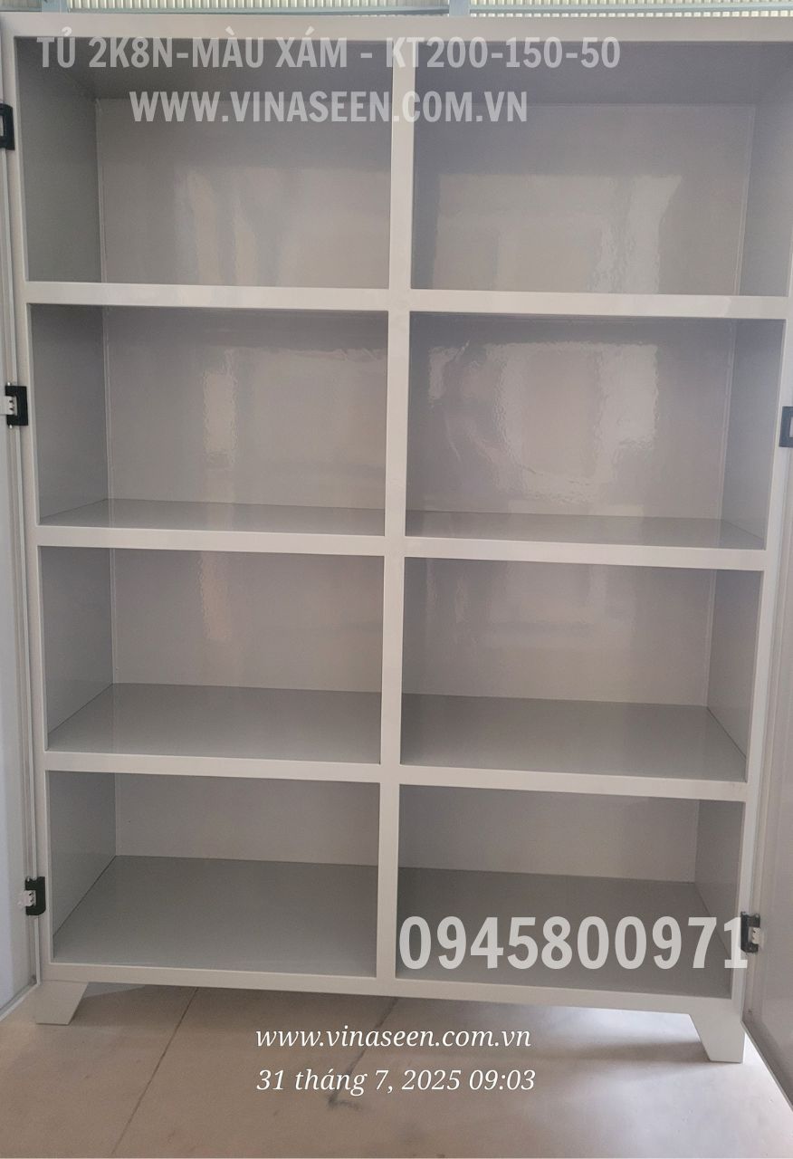 Tủ đựng dụng cụ đồ nghề 2 khoang 8 ngăn, 2 cánh, màu xám, đặt cố định.
