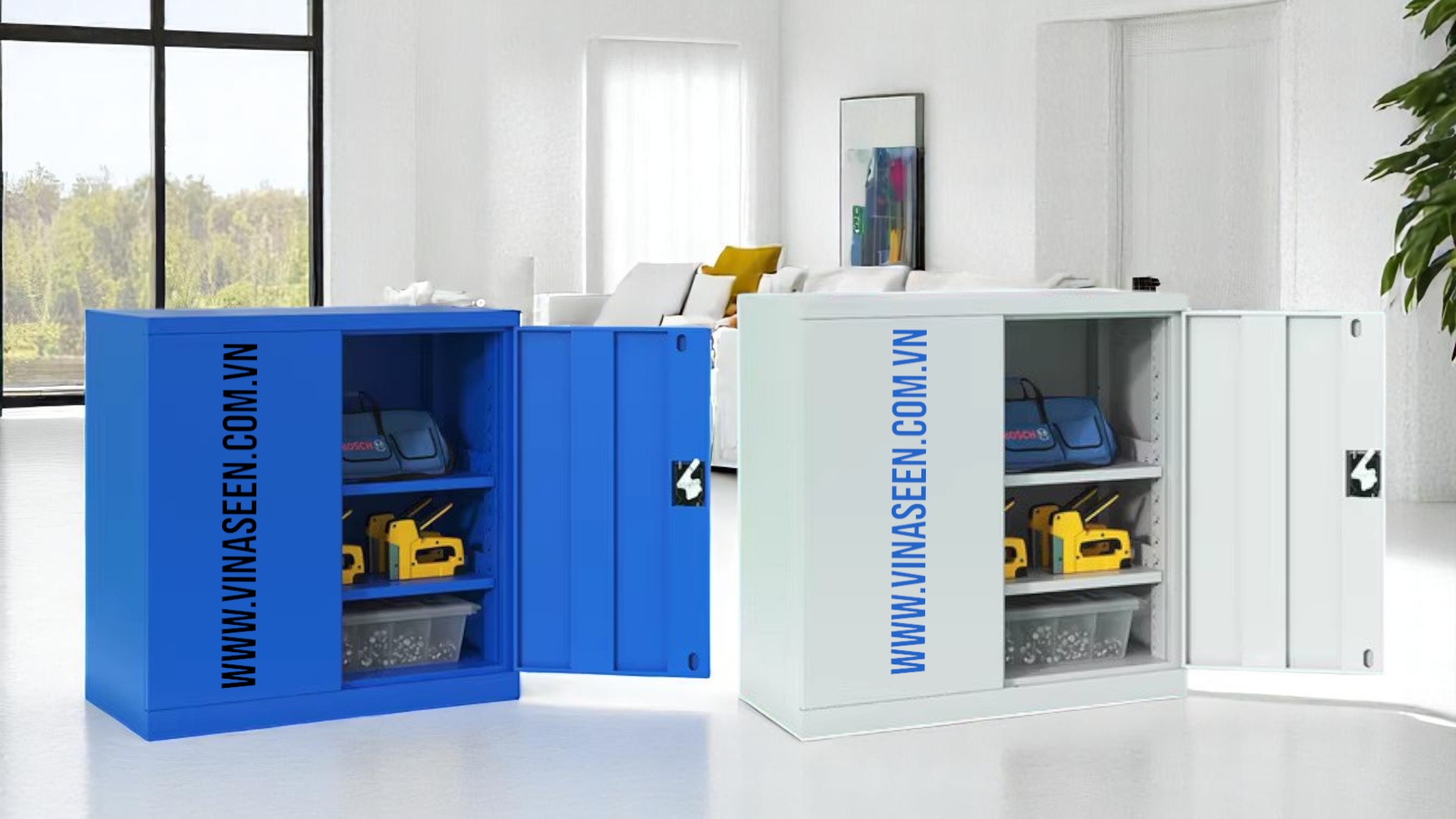 Tủ đựng dụng cụ đồ nghề 3 ngăn kéo 2 cánh, màu xanh - xám, đặt cố định.