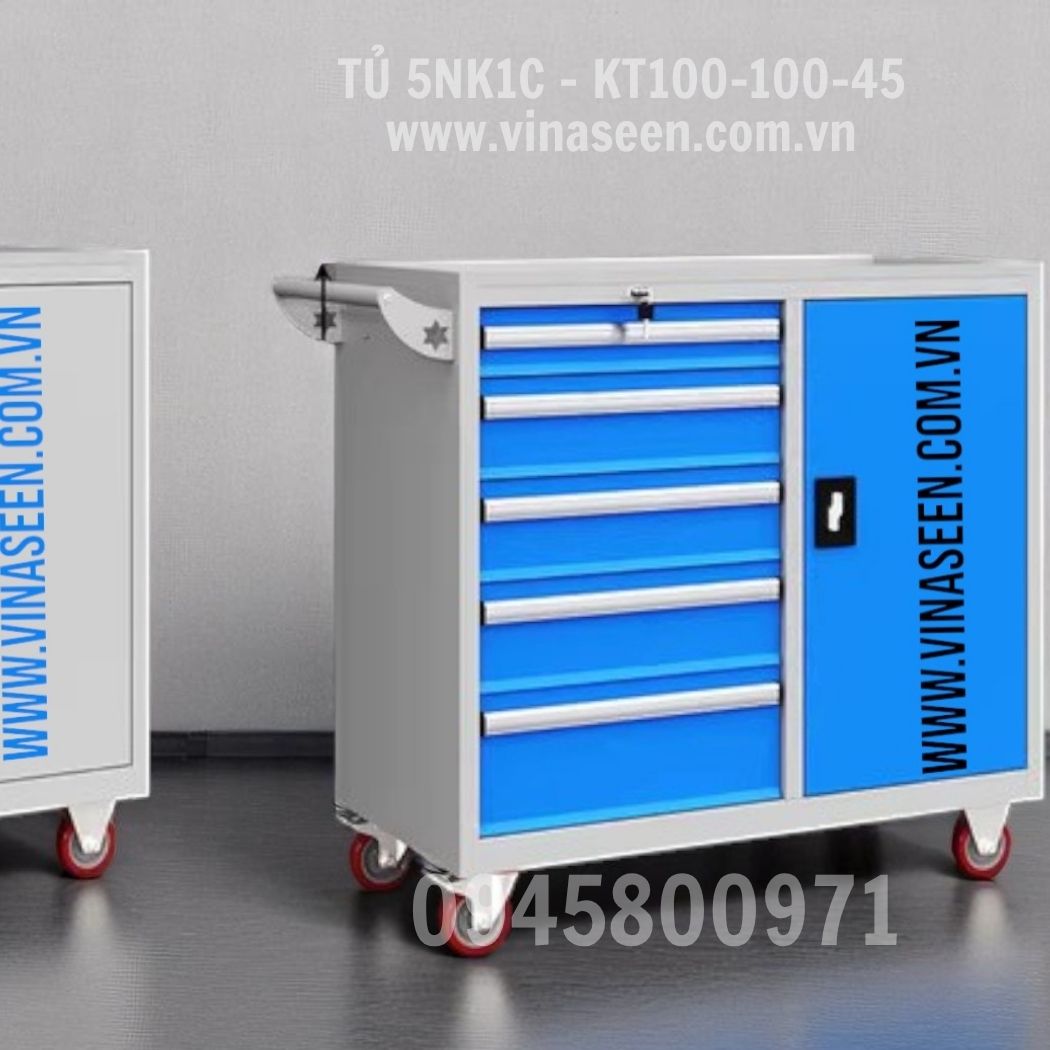 Tủ đựng dụng cụ đồ nghề 5 ngăn kéo 1 cánh, màu xanh - xám, có bánh xe di chuyển.