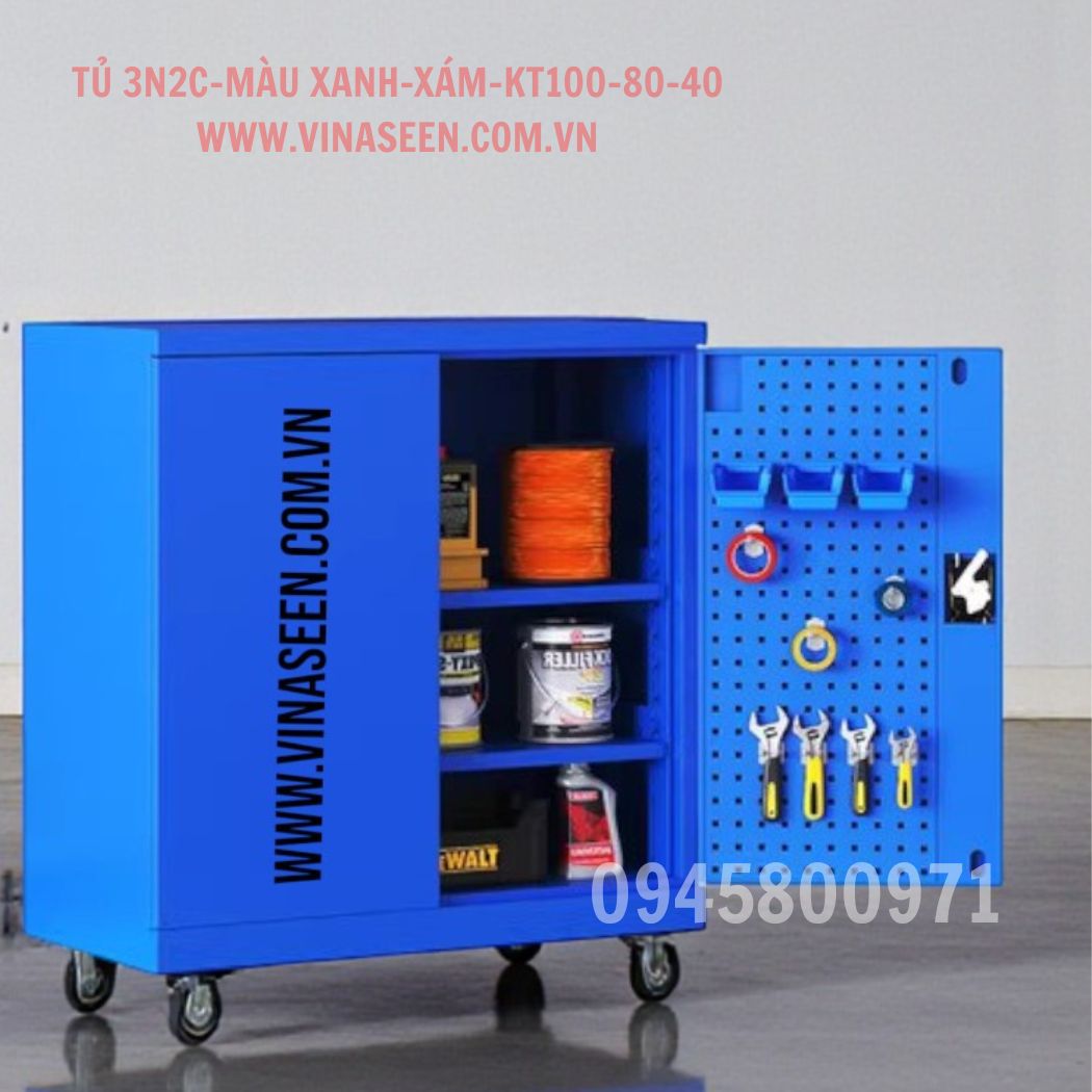 Tủ đựng dụng cụ đồ nghề 3 ngăn 2 cánh, màu xám - xanh, có vách treo dụng cụ ở 2 cánh, có bánh xe di chuyển.
