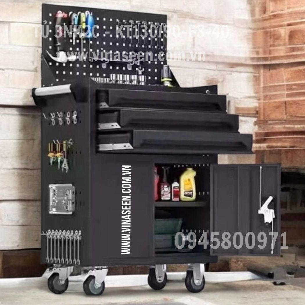 Tủ đựng dụng cụ đồ nghề 3 ngăn kéo 2 cánh, có vách treo dụng cụ.