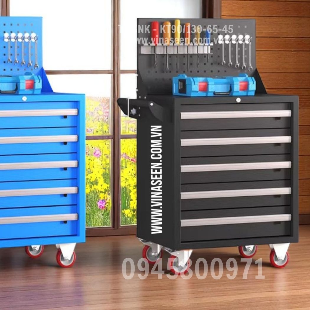 Tủ đựng dụng cụ đồ nghề 5 ngăn kéo, có vách treo dụng cụ và bánh xe di chuyển.
