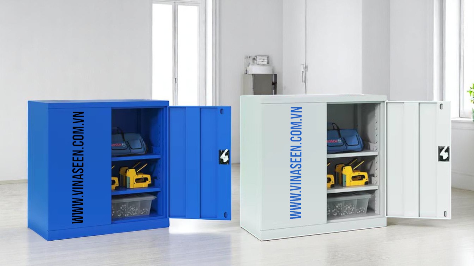 Tủ đựng dụng cụ đồ nghề 3 ngăn kéo 2 cánh, màu xanh - xám, đặt cố định.