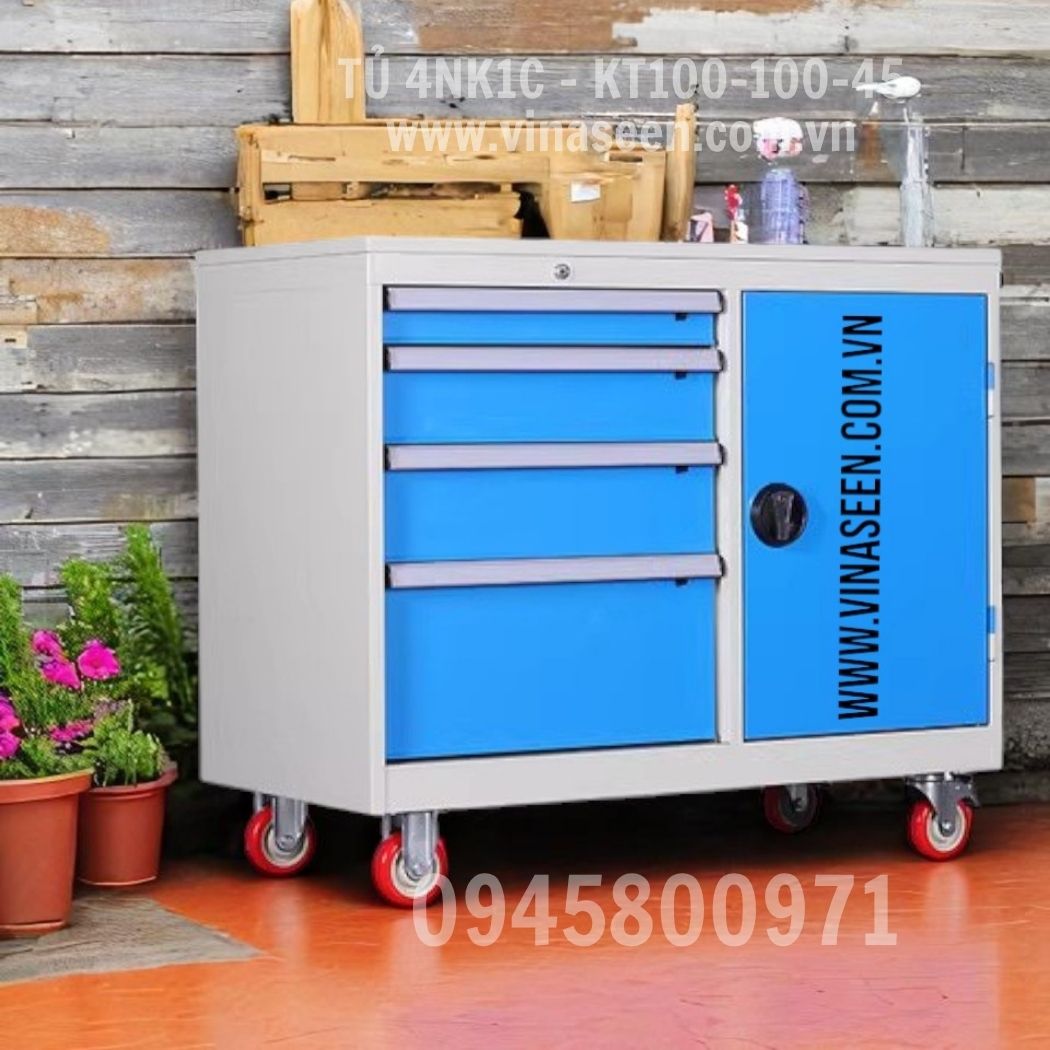 Tủ đựng dụng cụ đồ nghề 4 ngăn kéo 1 cánh, có bánh xe di chuyển.