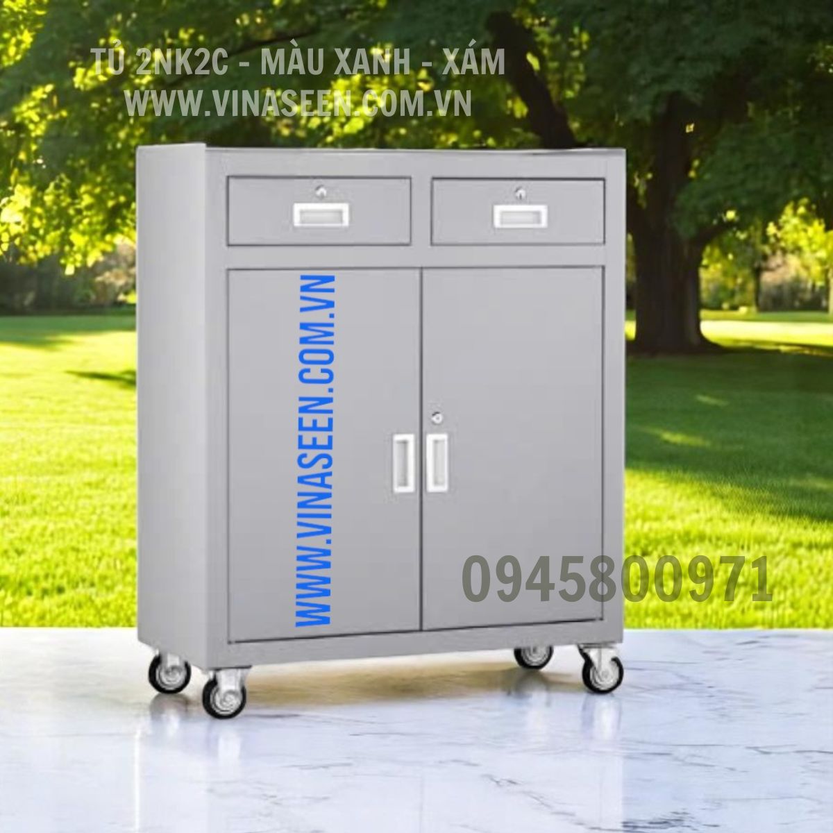 Tủ đựng dụng cụ đồ nghề 2 ngăn kéo 2 cánh, có bánh xe di chuyển, màu xanh - ghi xám