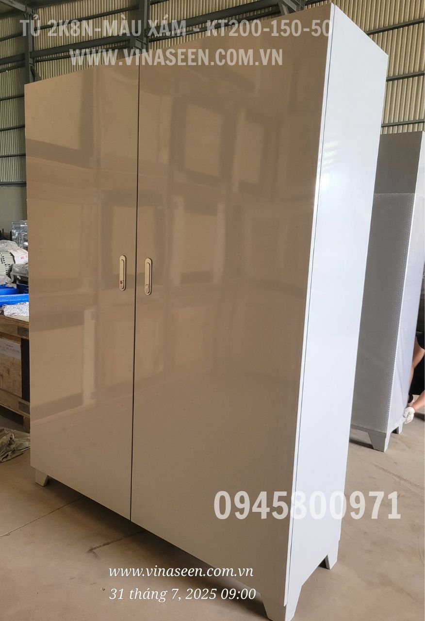 Tủ đựng dụng cụ đồ nghề 2 khoang 8 ngăn, 2 cánh, màu xám, đặt cố định.