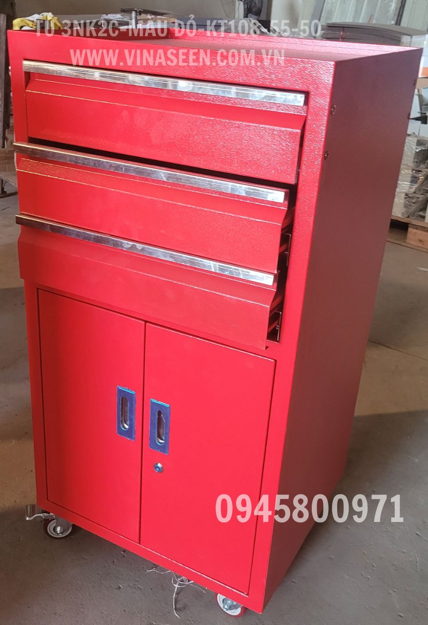 Tủ đựng dụng cụ đồ nghề 3 ngăn kéo 2 cánh, có bánh xe di chuyển, màu đỏ