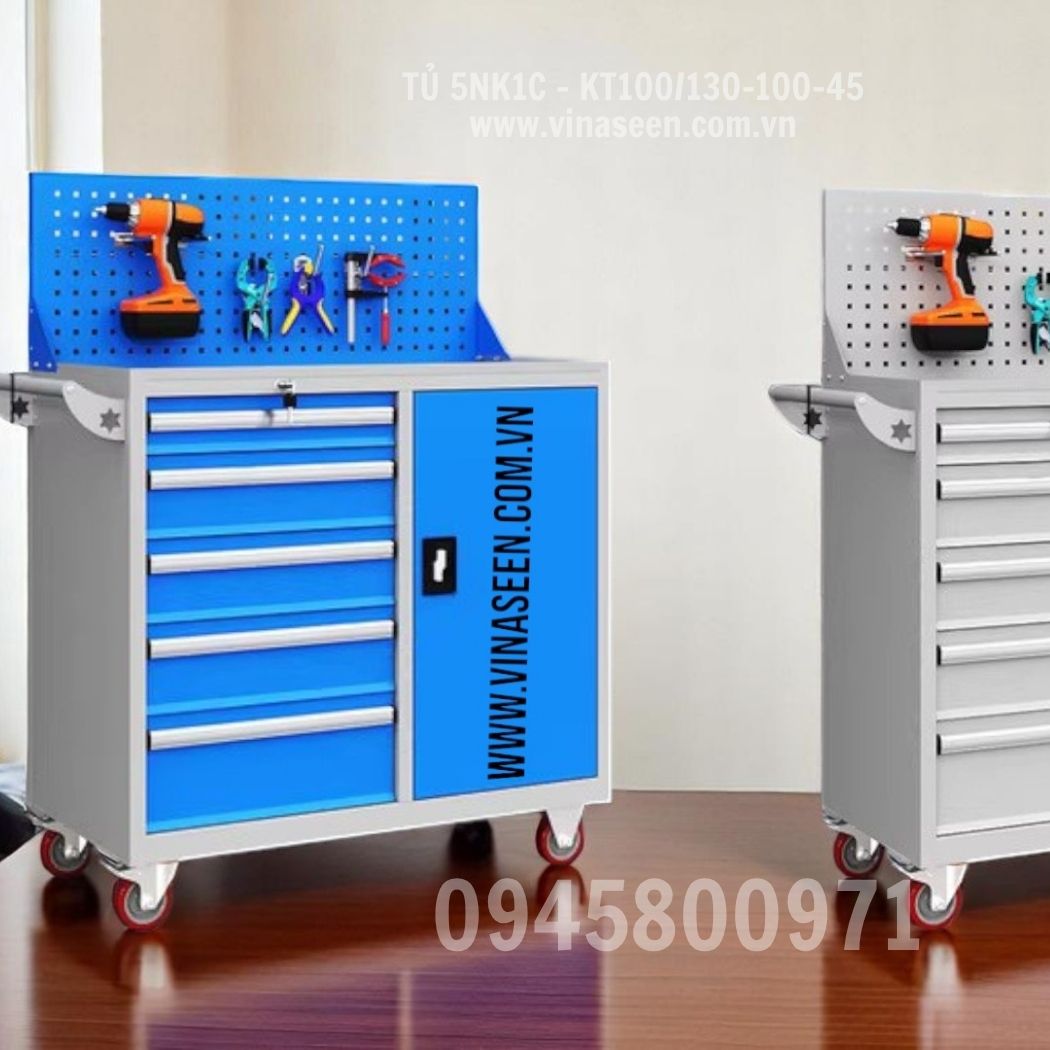 Tủ đựng dụng cụ đồ nghề 5 ngăn kéo 1 cánh, màu xanh - xám, Có vách treo dụng cụ và có bánh xe di chuyển.