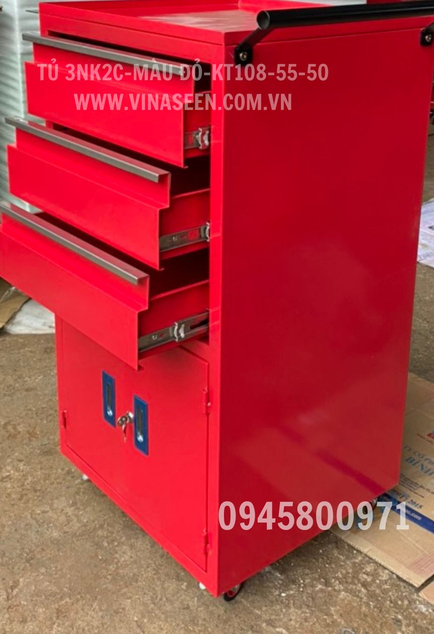Tủ đựng dụng cụ đồ nghề 3 ngăn kéo 2 cánh, có bánh xe di chuyển, màu đỏ