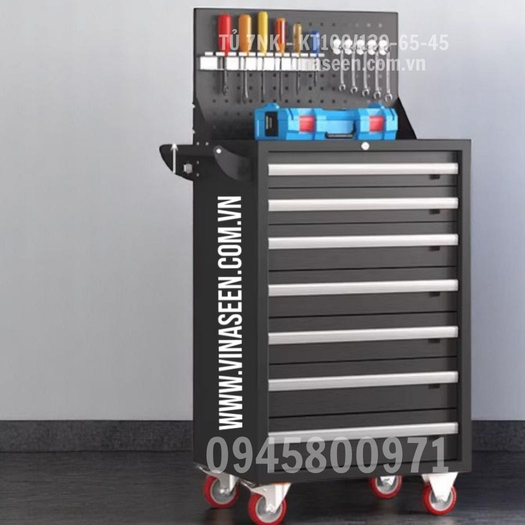 Tủ đựng dụng cụ đồ nghề 7 ngăn kéo, có vách treo dụng cụ và bánh xe di chuyển.