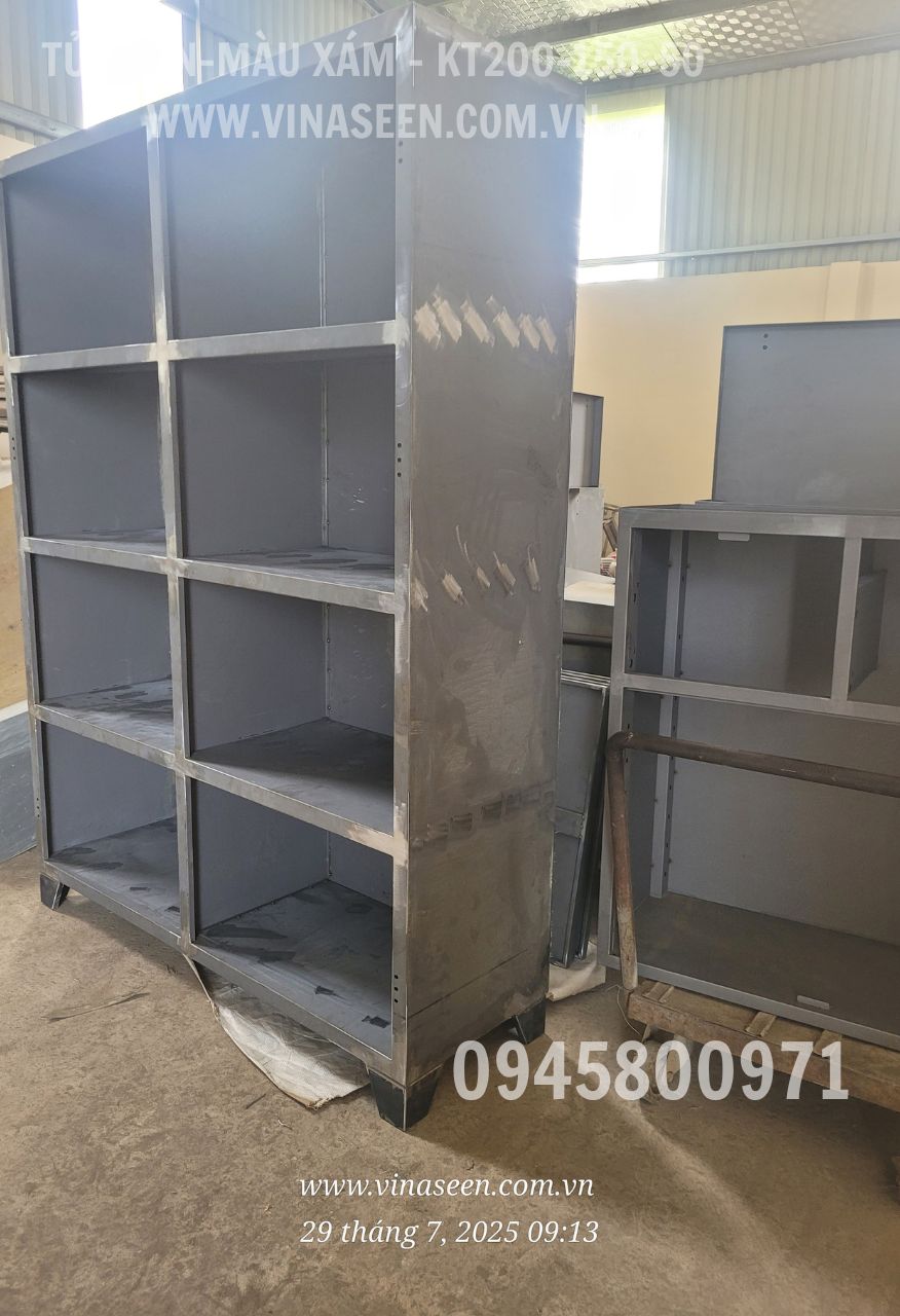 Tủ đựng dụng cụ đồ nghề 2 khoang 8 ngăn, 2 cánh, màu xám, đặt cố định.