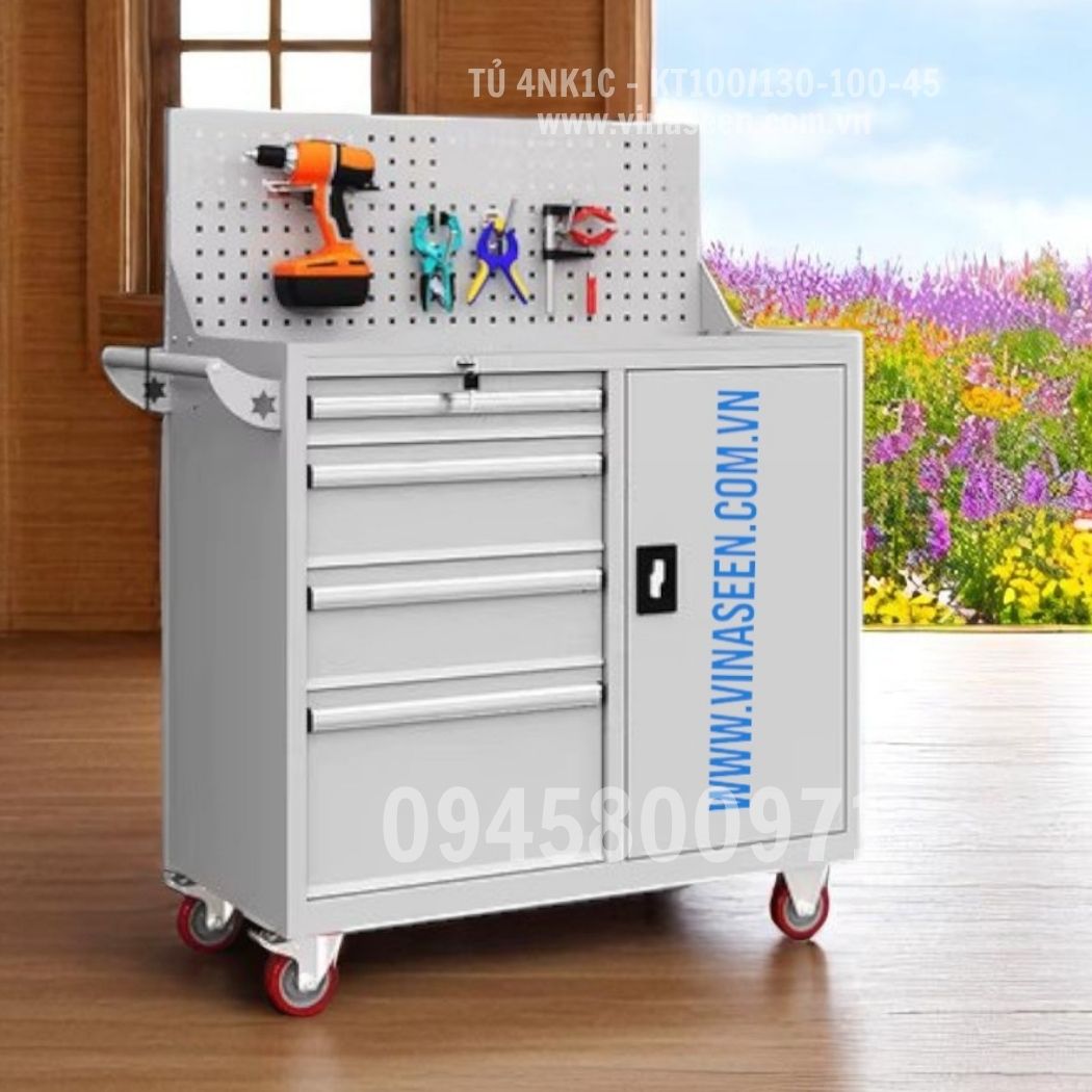 Tủ đựng dụng cụ đồ nghề 4 ngăn kéo 1 cánh, có vách treo dụng cụ và có bánh xe di chuyển.