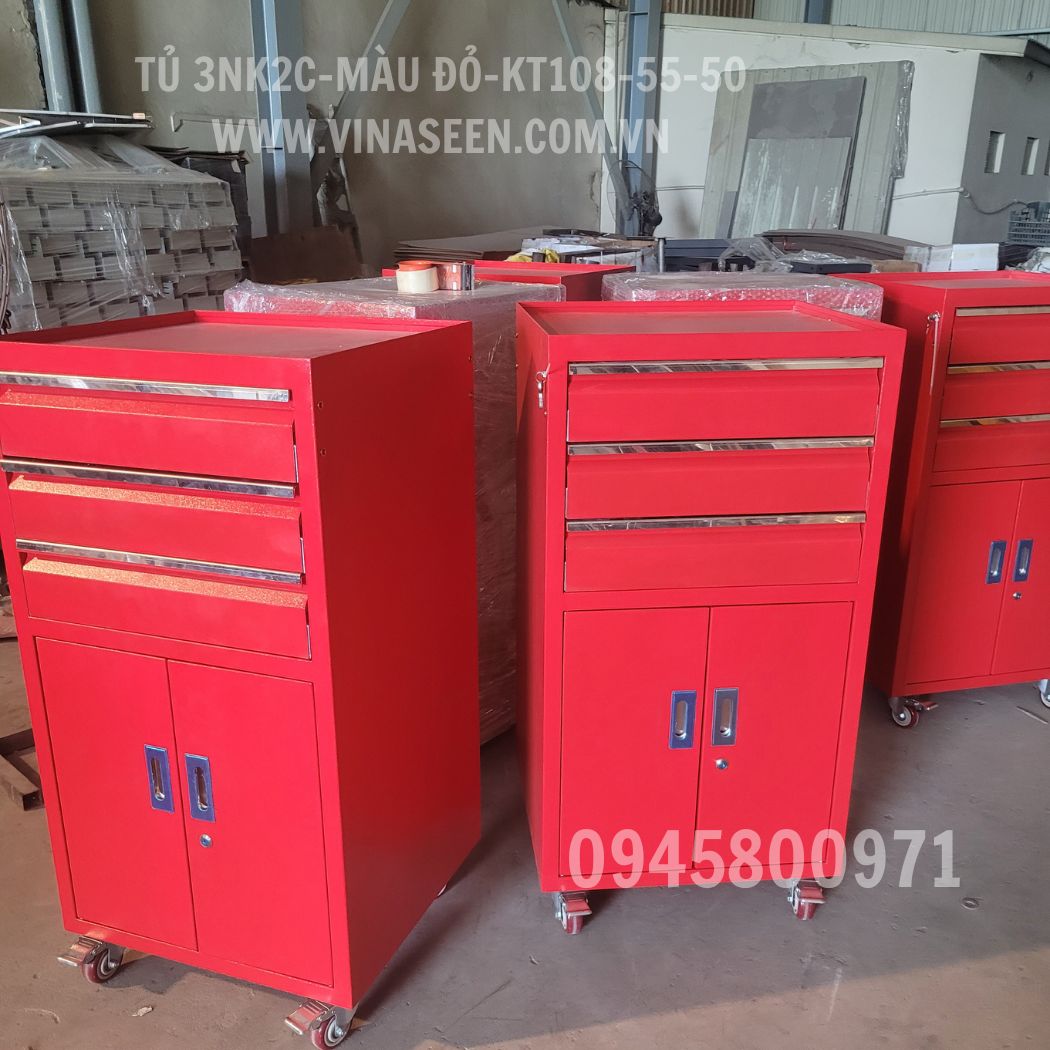 Tủ đựng dụng cụ đồ nghề 3 ngăn kéo 2 cánh, có bánh xe di chuyển, màu đỏ