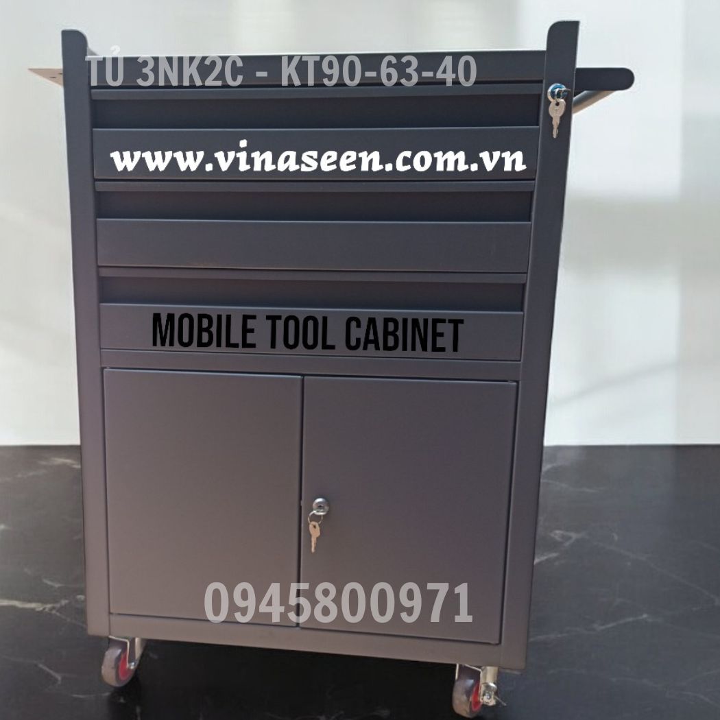 Tủ đựng dụng cụ đồ nghề 3 ngăn kéo 2 cánh, có bánh xe di chuyển.