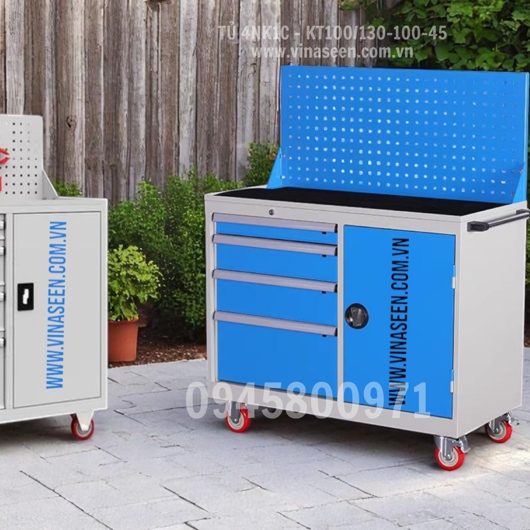 Tủ đựng dụng cụ đồ nghề 4 ngăn kéo 1 cánh, có vách treo dụng cụ và có bánh xe di chuyển.
