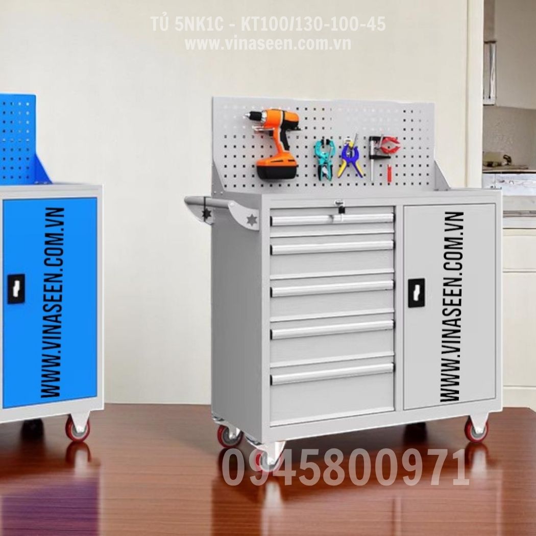 Tủ đựng dụng cụ đồ nghề 5 ngăn kéo 1 cánh, màu xanh - xám, Có vách treo dụng cụ và có bánh xe di chuyển.