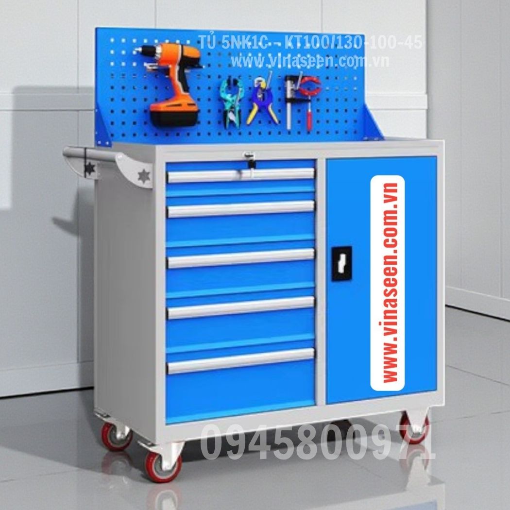 Tủ đựng dụng cụ đồ nghề 5 ngăn kéo 1 cánh, màu xanh - xám, Có vách treo dụng cụ và có bánh xe di chuyển.