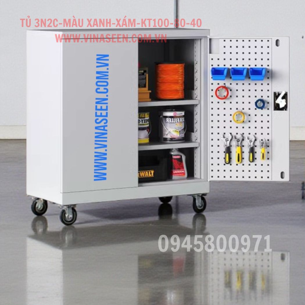 Tủ đựng dụng cụ đồ nghề 3 ngăn 2 cánh, màu xám - xanh, có vách treo dụng cụ ở 2 cánh, có bánh xe di chuyển.