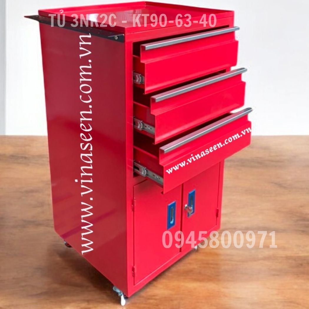 Tủ đựng dụng cụ đồ nghề 3 ngăn kéo 2 cánh, có bánh xe di chuyển.