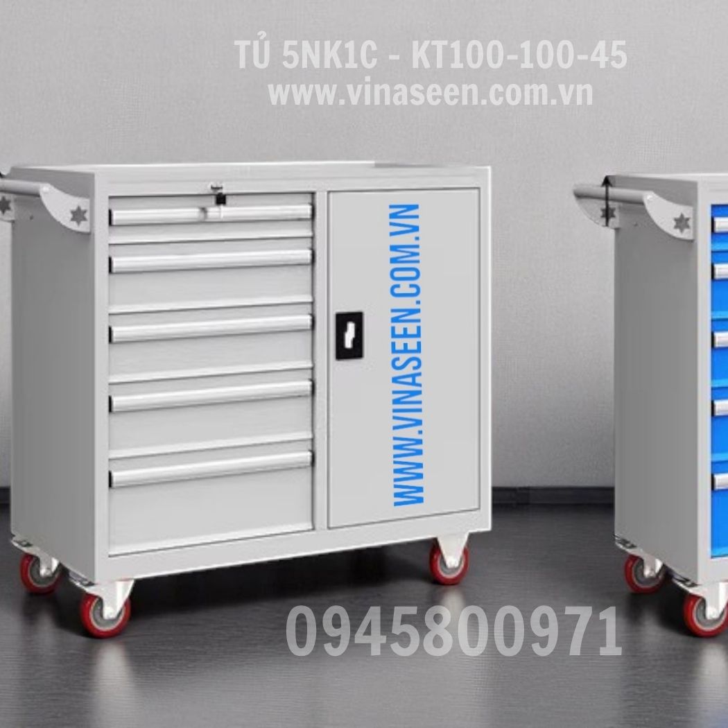 Tủ đựng dụng cụ đồ nghề 5 ngăn kéo 1 cánh, màu xanh - xám, có bánh xe di chuyển.