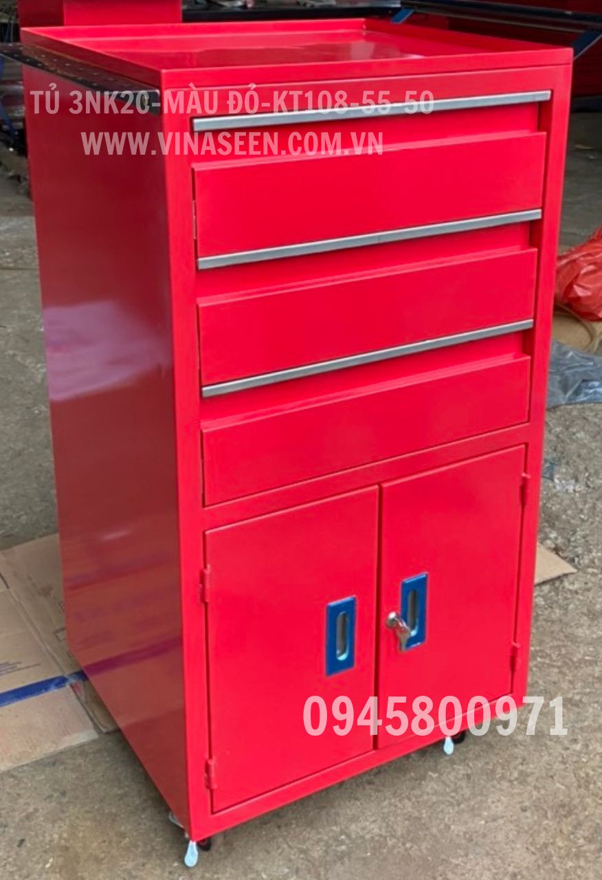 Tủ đựng dụng cụ đồ nghề 3 ngăn kéo 2 cánh, có bánh xe di chuyển, màu đỏ