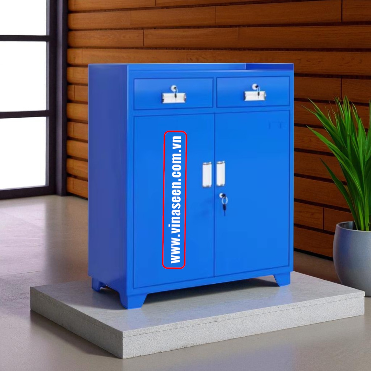 Tủ đựng dụng cụ đồ nghề 2 ngăn kéo 2 cánh, màu xanh, đặt cố định.