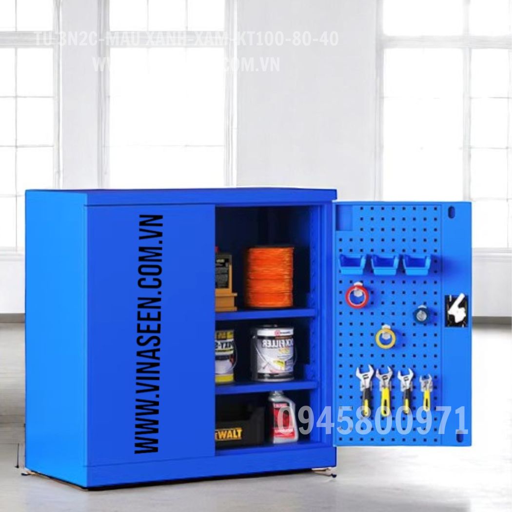 Tủ đựng dụng cụ đồ nghề 3 ngăn 2 cánh, màu xám - xanh, có vách treo dụng cụ, đặt cố định.