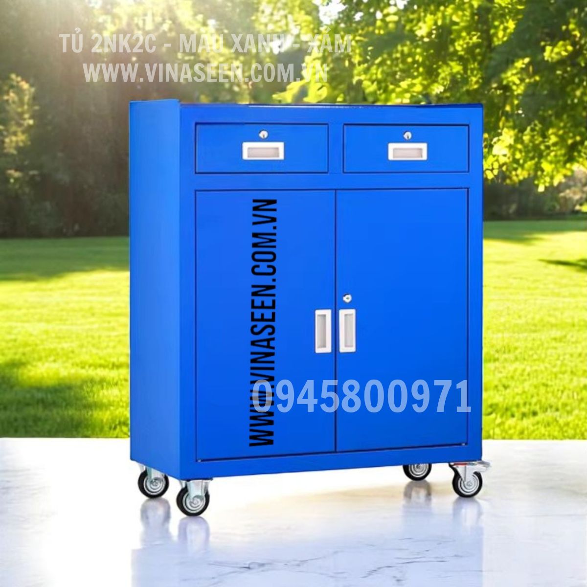 Tủ đựng dụng cụ đồ nghề 2 ngăn kéo 2 cánh, có bánh xe di chuyển, màu xanh - ghi xám